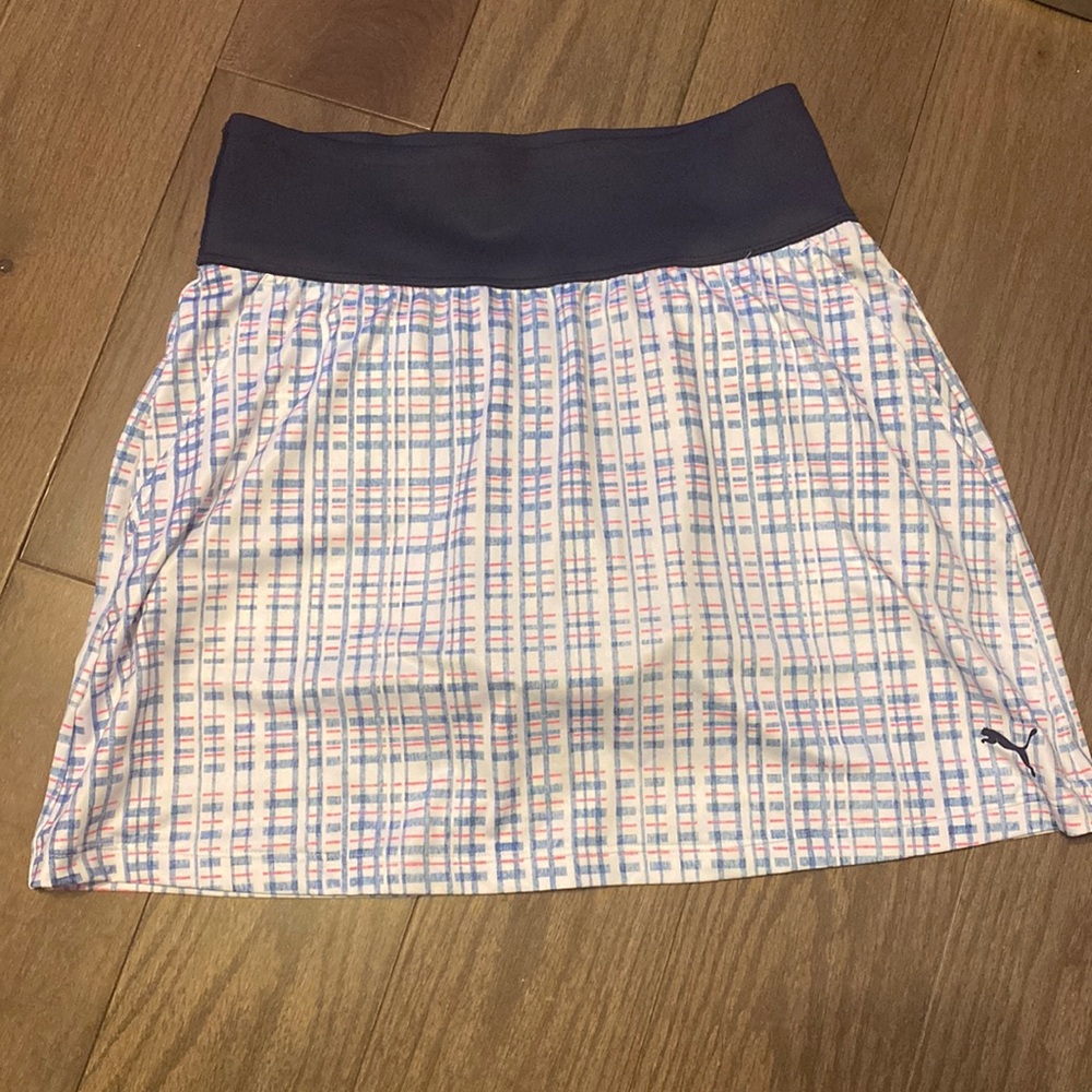 PUMA WOMEN'S PWRSHAPE SPORT KNIT GOLF SKORT white, pink and blue stripe-small